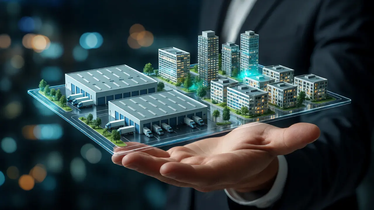 Modelo holográfico de diversos activos inmobiliarios flotando sobre una mano abierta.