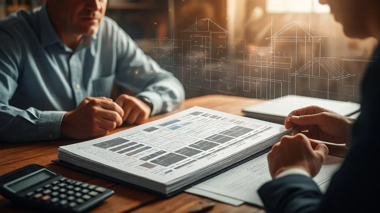Negociación inmobiliaria con informe técnico sobre la mesa