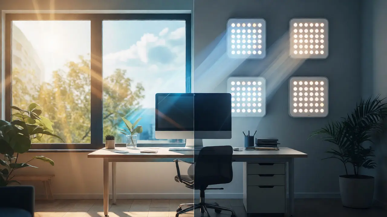 Oficina doméstica mostrando la integración inteligente de luz natural y artificial.