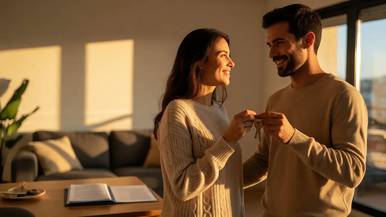 Pareja sonriente sosteniendo llaves en su nuevo apartamento alquilado