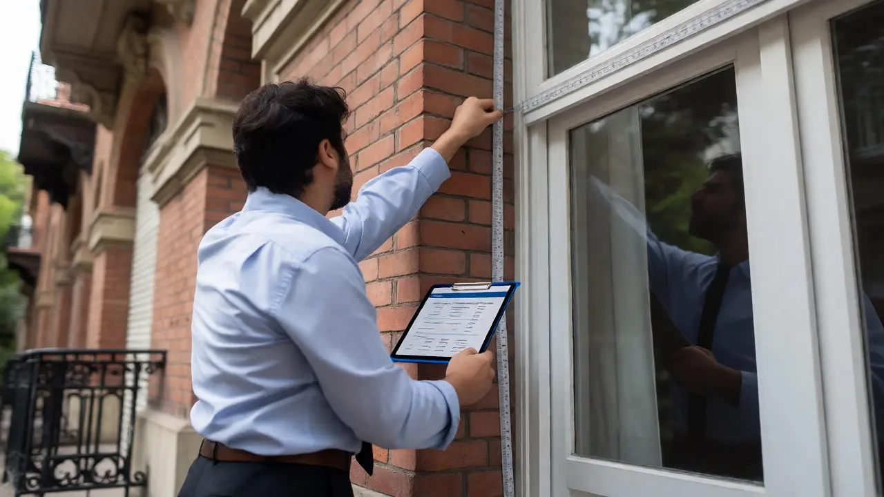 Perito inmobiliario inspeccionando la fachada de una vivienda en Rosario con su equipo de medición.