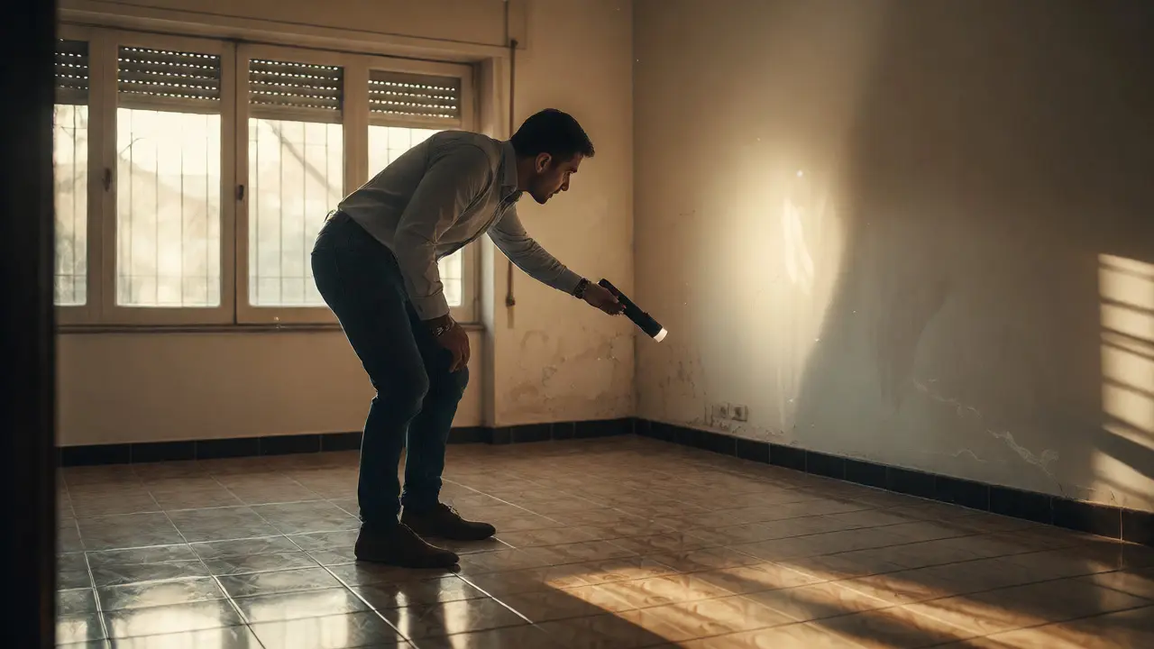 Perito inspeccionando una pared de una vivienda con linterna durante la visita.