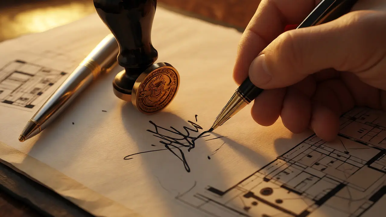Primer plano de manos firmando una escritura pública con sello notarial sobre documentos.