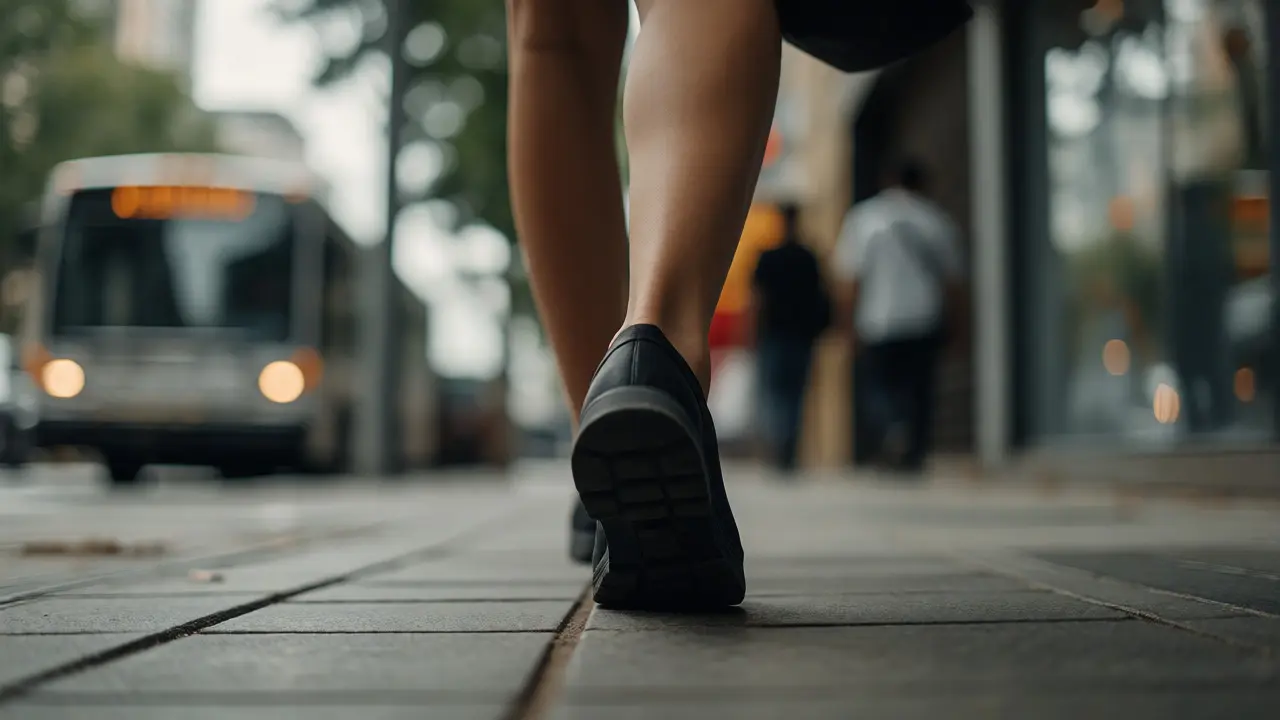 Primer plano de pies caminando en acera con entorno urbano desenfocado