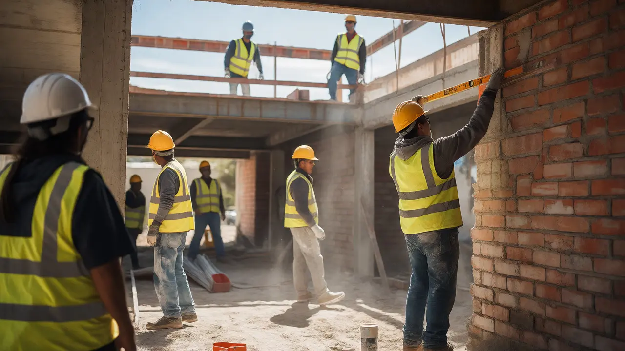 Socios y constructores trabajando juntos en obra de vivienda colectiva